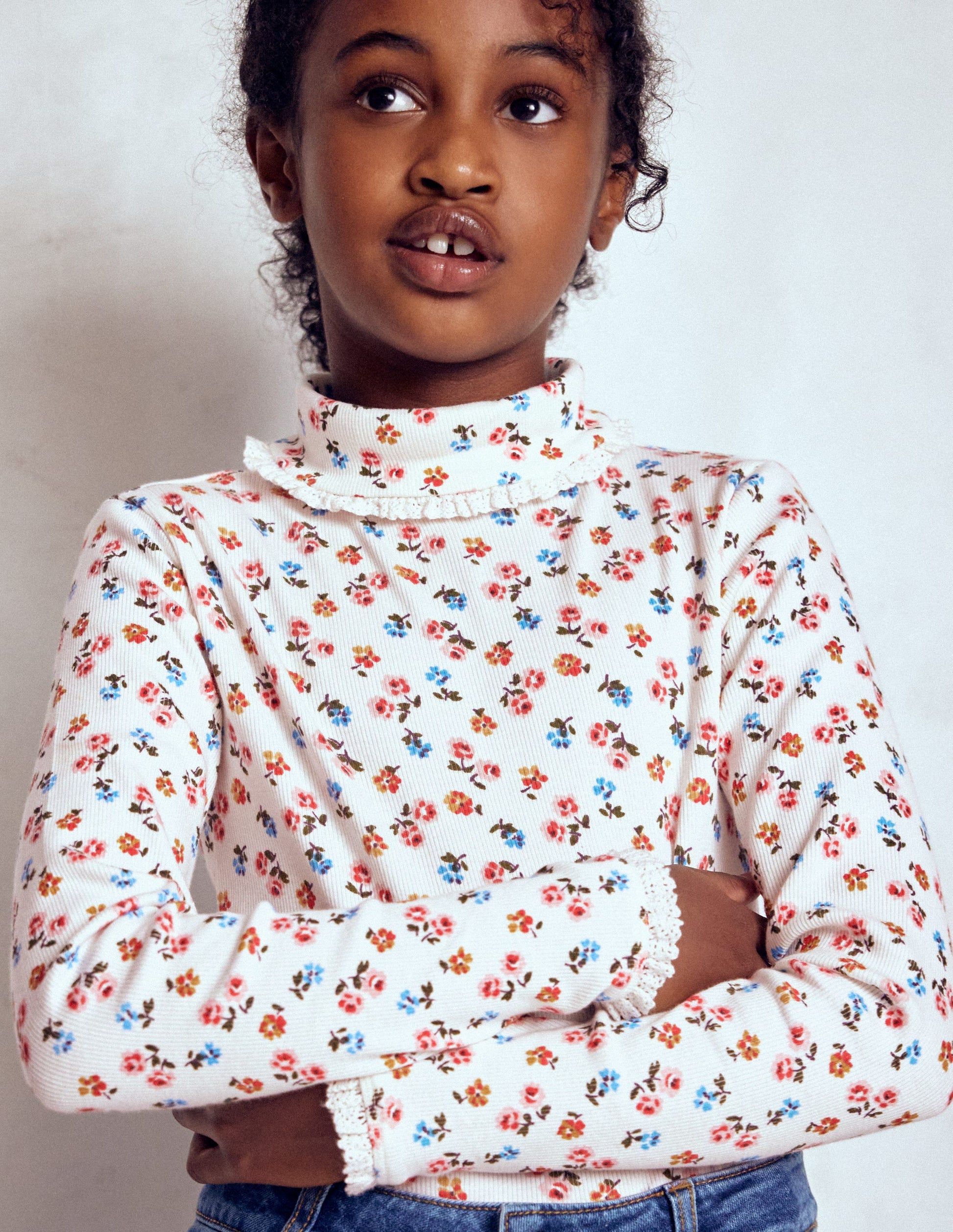 Ribbed Roll Neck Top-Soft Ivory Rose Sprig-3