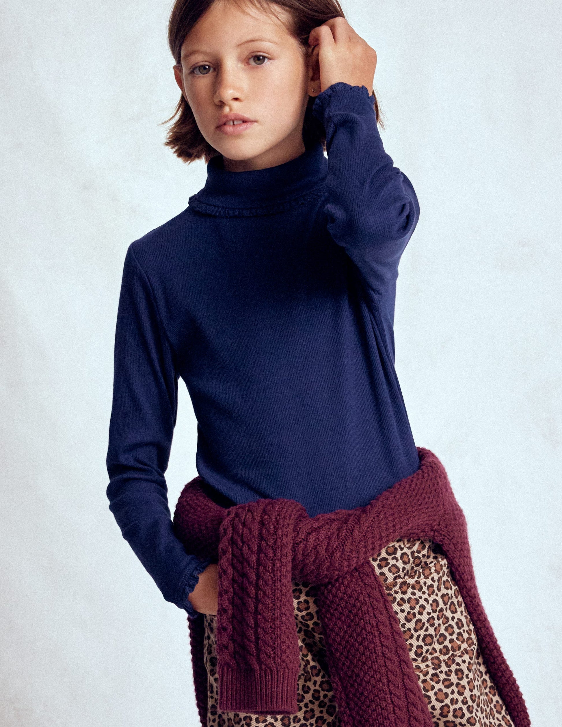 Ribbed Roll Neck Top-College Navy-1