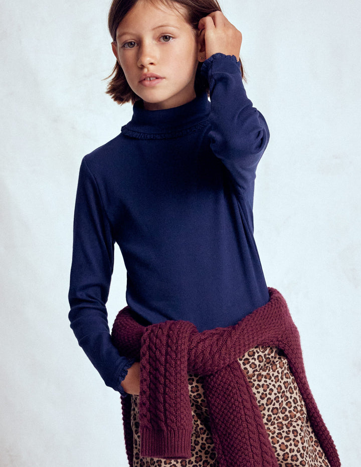 Ribbed Roll Neck Top-College Navy