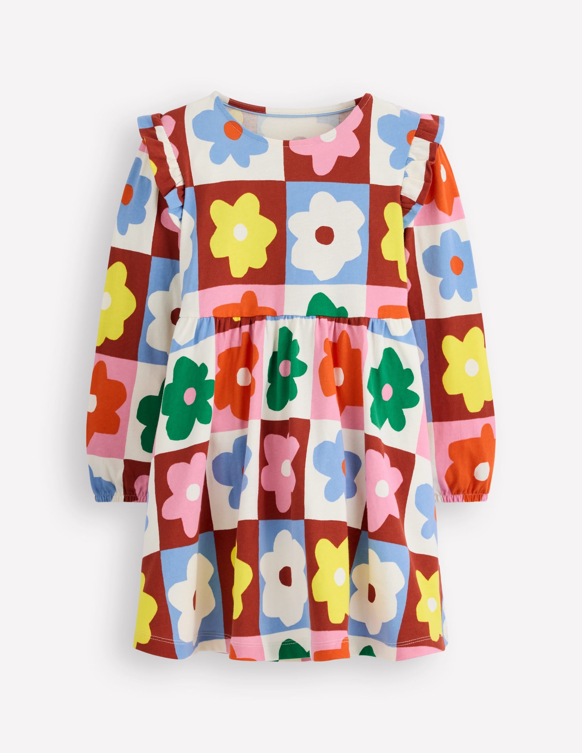 Posie Long Sleeve Jersey Dress-Multi Flower Check - Image 1
