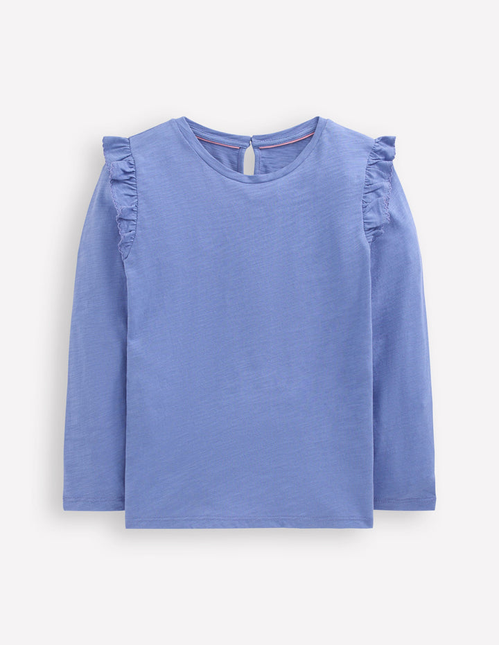 Frill Sleeve Slub Top-Soft Blue