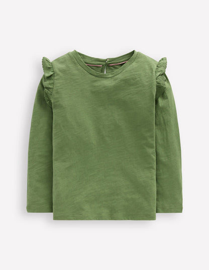 Frill Sleeve Slub Top-Safari Green-1