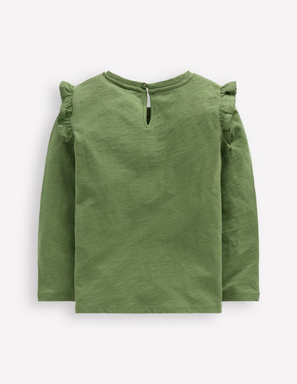 Frill Sleeve Slub Top-Safari Green-2