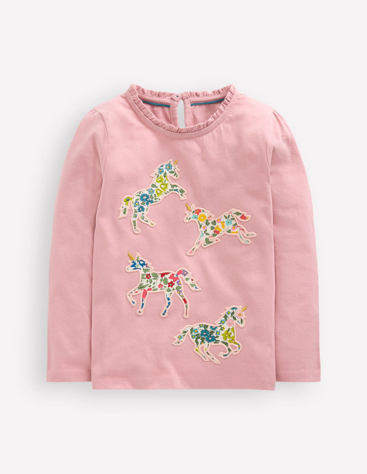 Frill Neck Appliqué T-shirt-Vintage Pink Unicorn