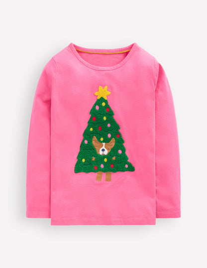 Long Sleeve Bouclé T-shirt-Pink Christmas Tree Dog-1