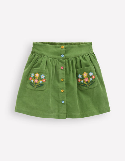 Button-through Mini Skirt-Broccoli Green Flowers-1