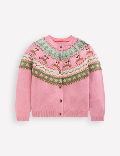 Edie Fair Isle Cardigan-Pink Marl Reindeer-1