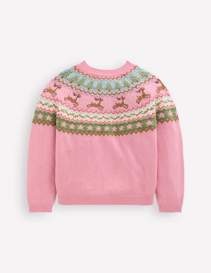 Edie Fair Isle Cardigan-Pink Marl Reindeer-2