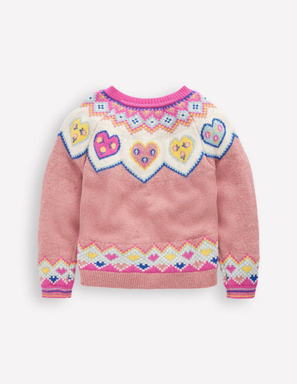 Edie Fair Isle Cardigan-Pink Marl Hearts-2