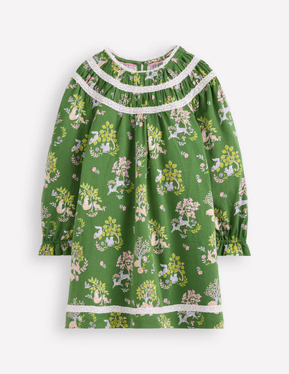 Pretty Lace Trim Jersey Dress-Green Woodland Floral-1