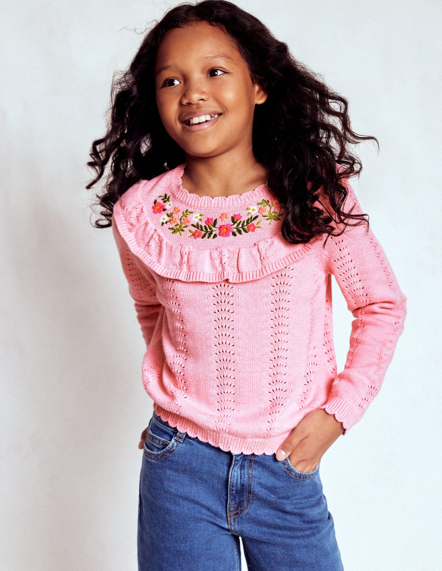 Embroidered Pointelle Sweater-Formica Pink Marl