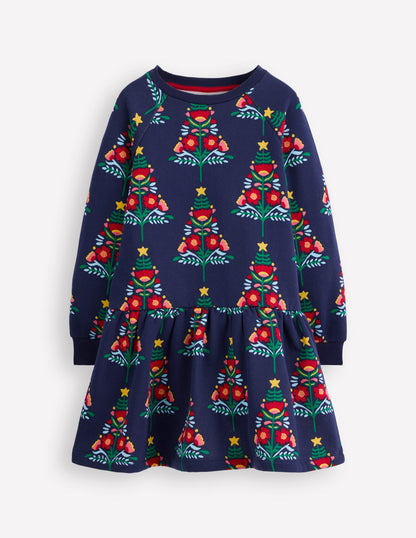 Cosy Sweatshirt Dress-College Navy Christmas Trees-1