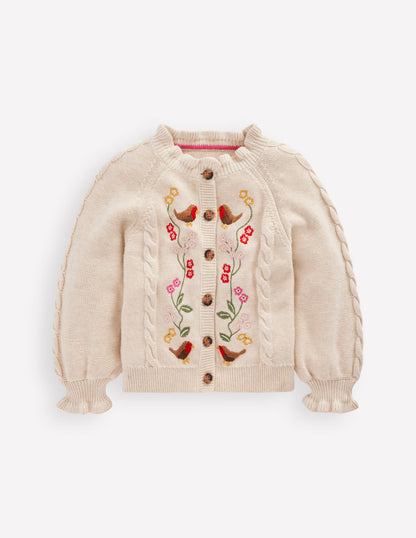 Pretty Embroidered Cardigan-Oatmeal Marl-1