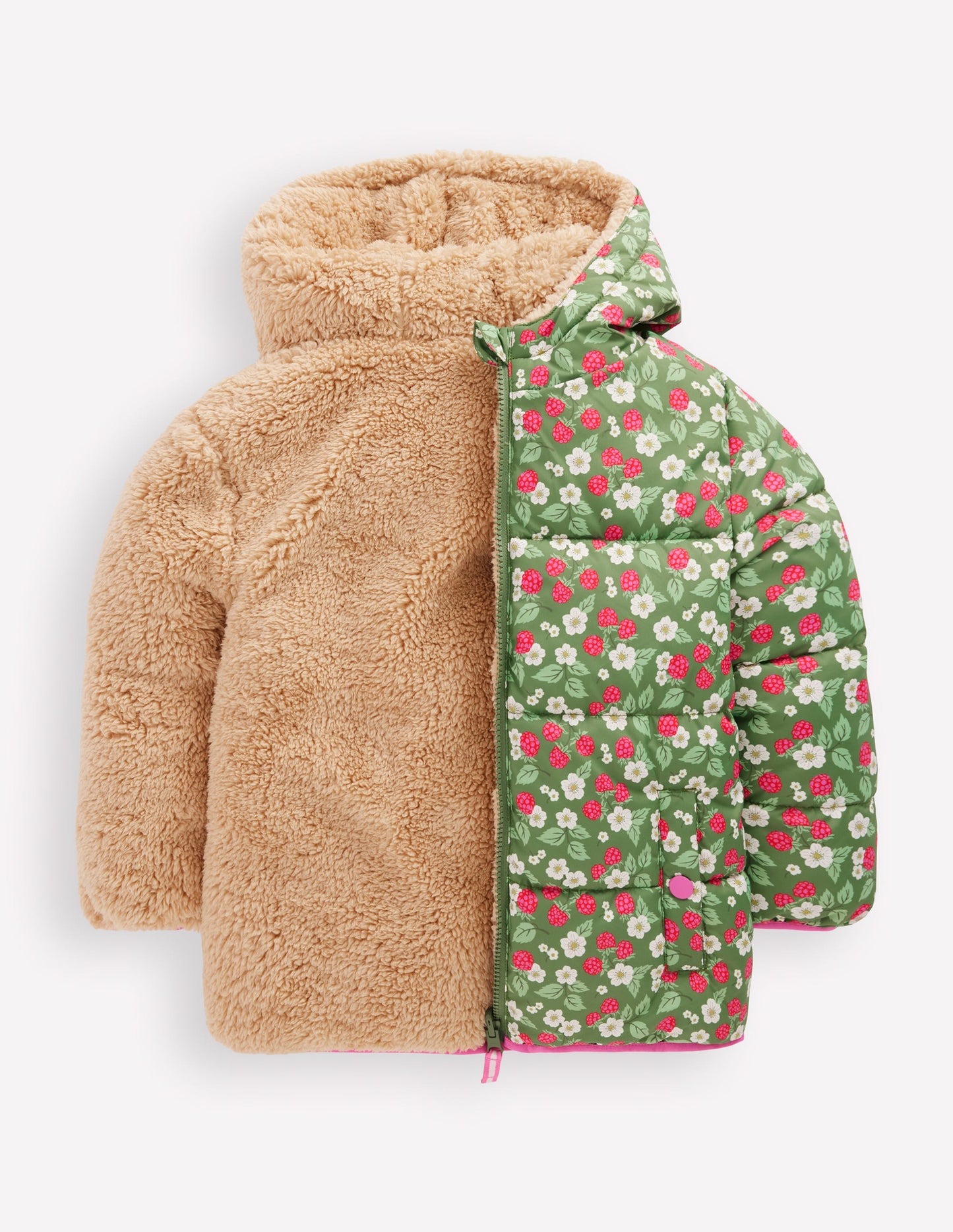 Reversible Padded Borg Coat-Safari Green Vintage Berry