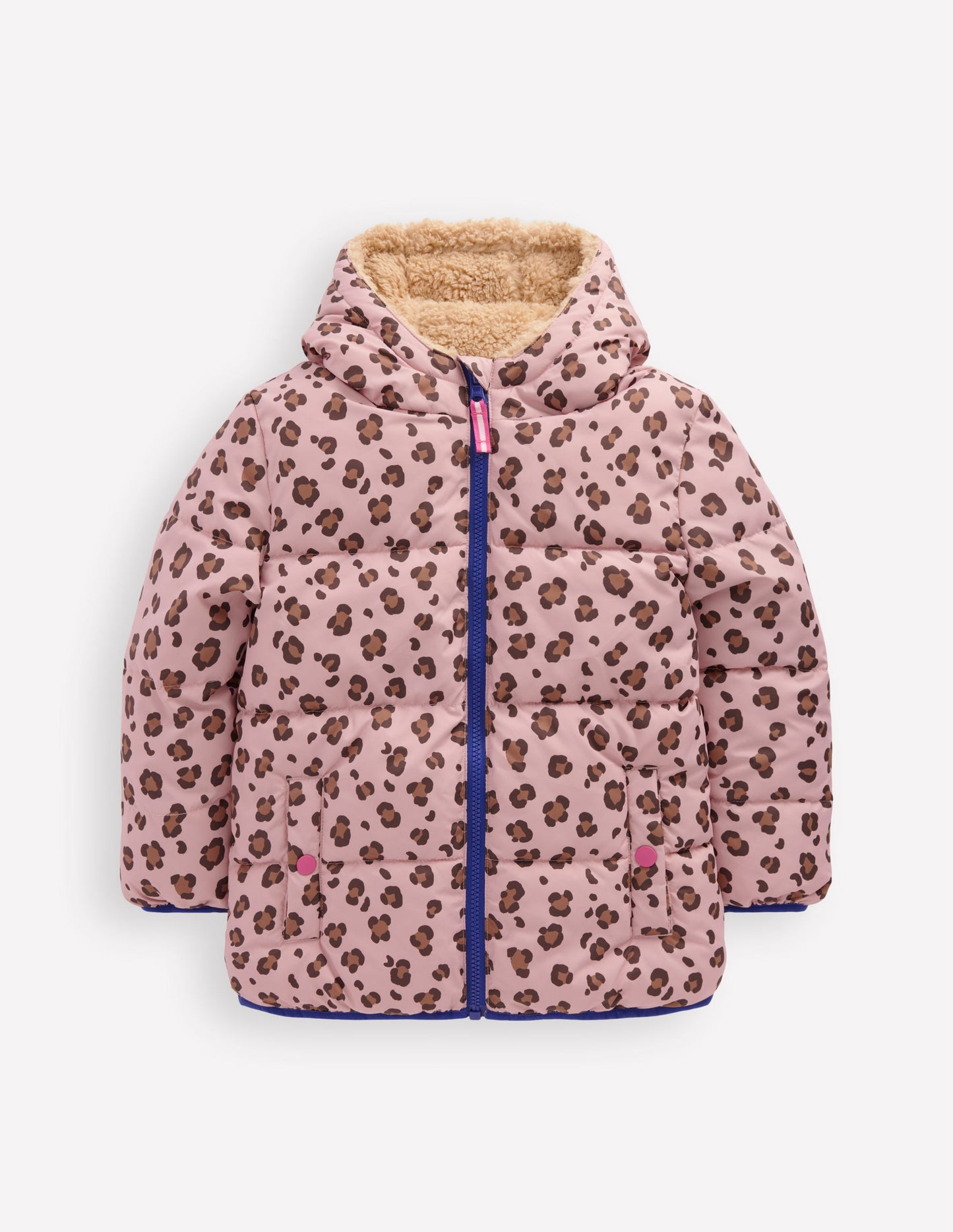 Reversible Padded Borg Coat-Pink Leopard