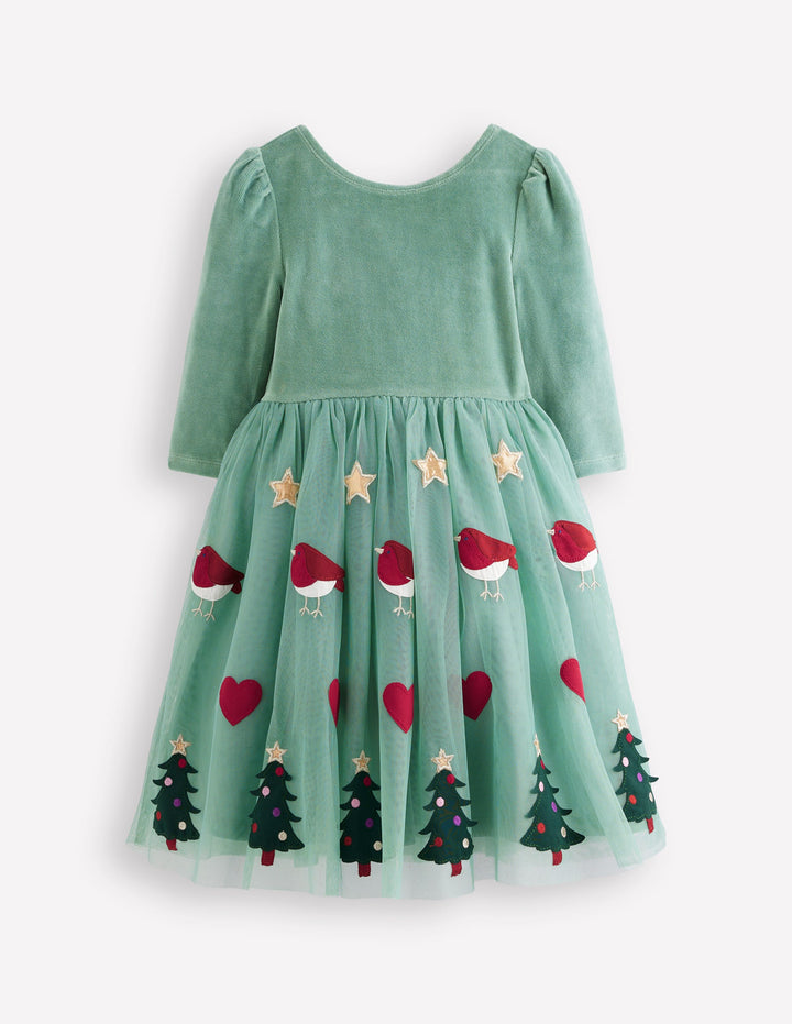 Velour Tulle Appliqué Dress-Robin Motif
