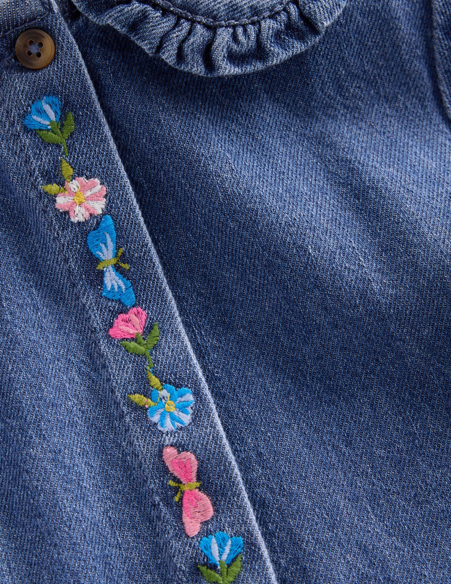 Denim Embroidered Collar Dress-Mid Vintage Denim