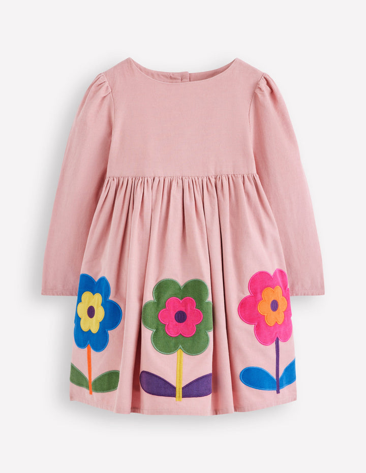 Corduroy Appliqué Dress-Almond Pink Flower