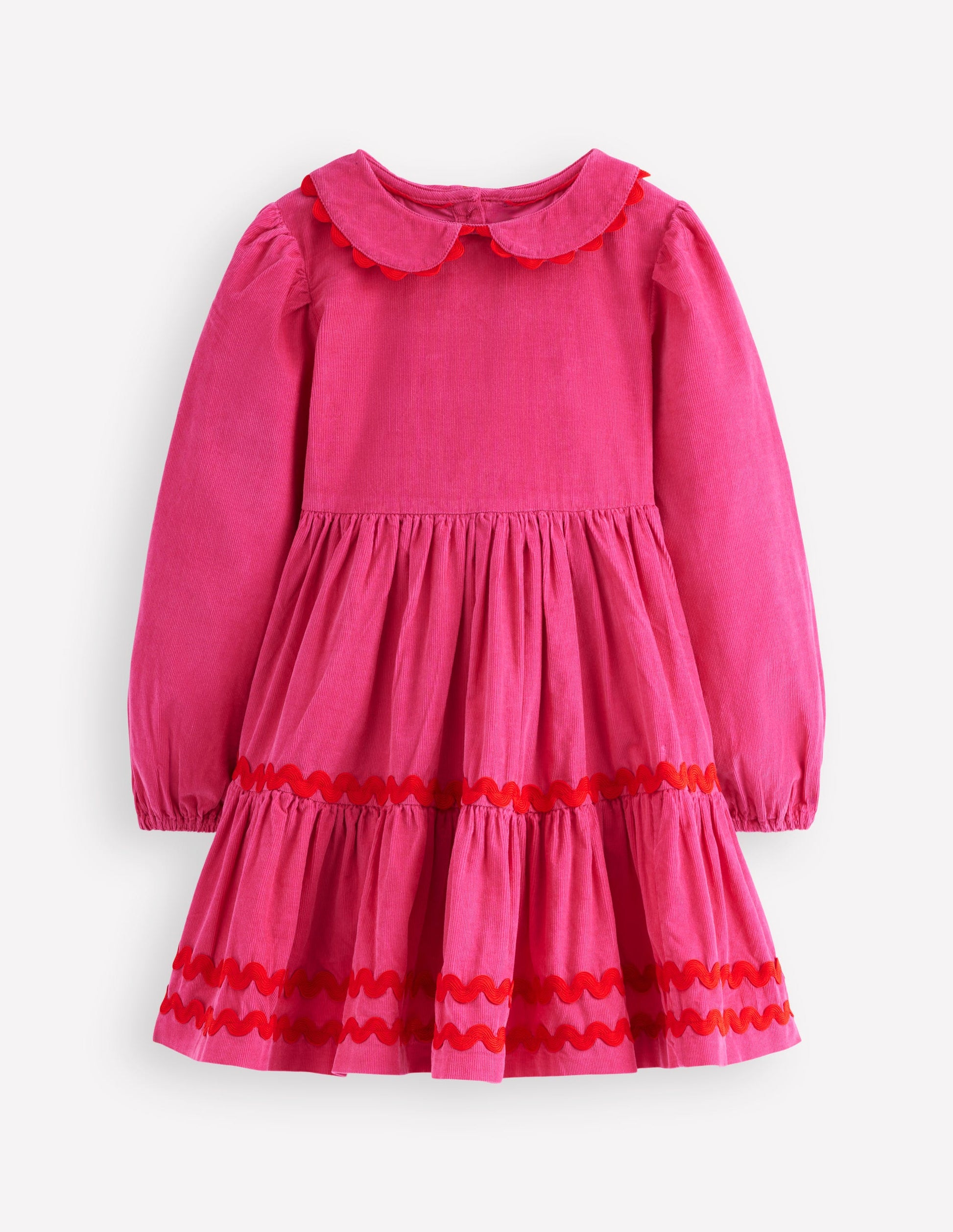 Cord Ric Rac Trim Dress-Raspberry Pink-1