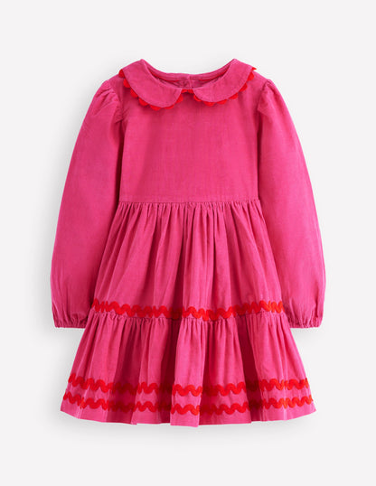 Cord Ric Rac Trim Dress-Raspberry Pink-1