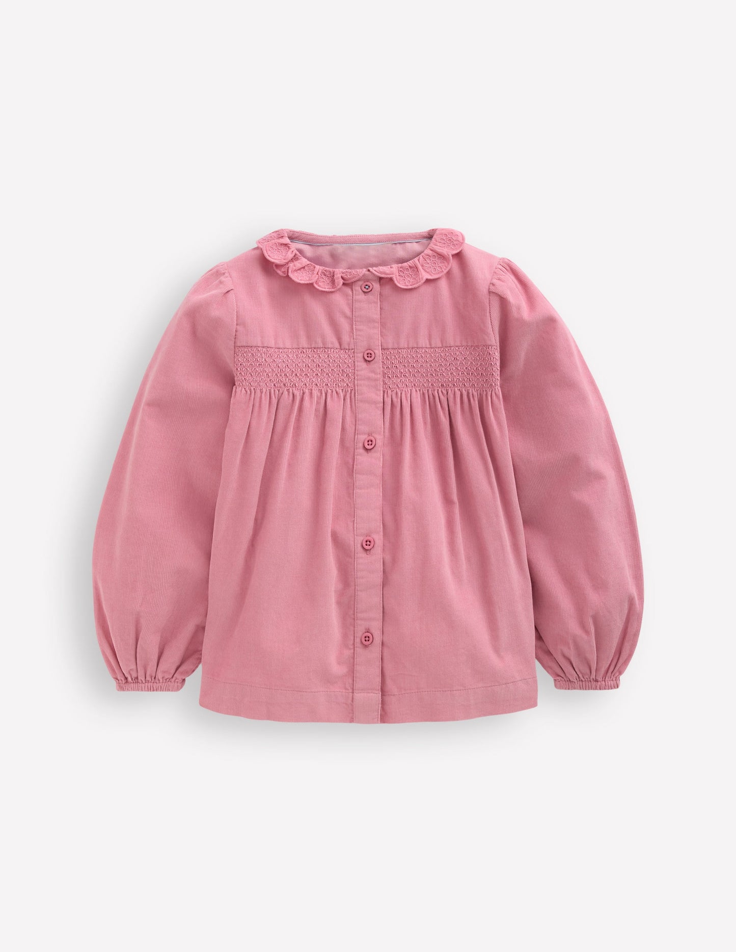 Scalloped Collar Smocked Shirt-Pink Cord
