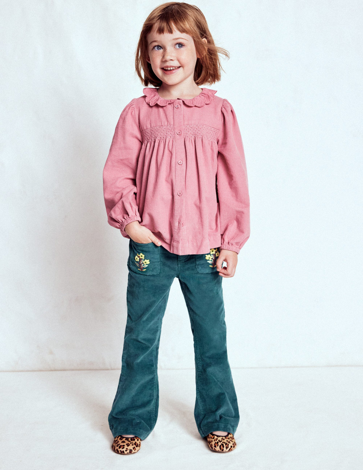 Scalloped Collar Smocked Shirt-Pink Cord - Image 1