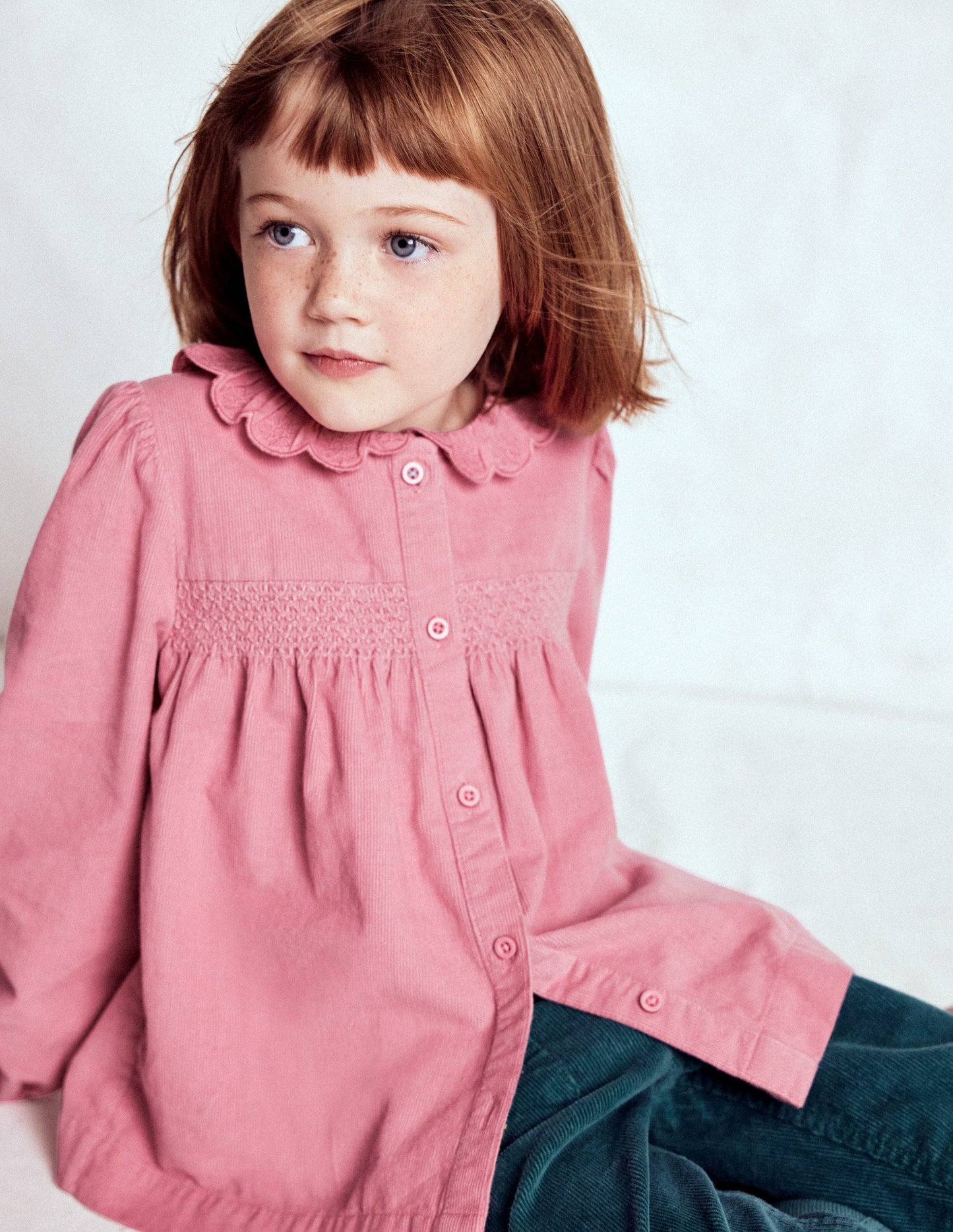 Scalloped Collar Smocked Shirt-Pink Cord