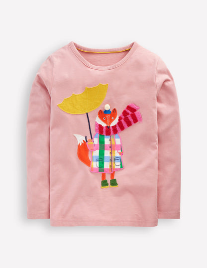 Long Sleeve Appliqué T-shirt-Vintage Pink Weather Fox-1