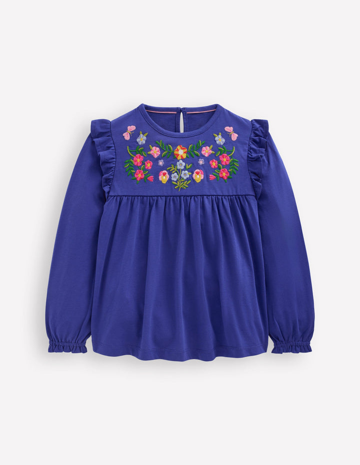 Embroidered Jersey Yoke Top-Sapphire Blue Embroidery