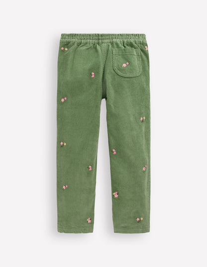 Cord Embroidered Pull-On Pants-Broccoli Green Embroidered-2