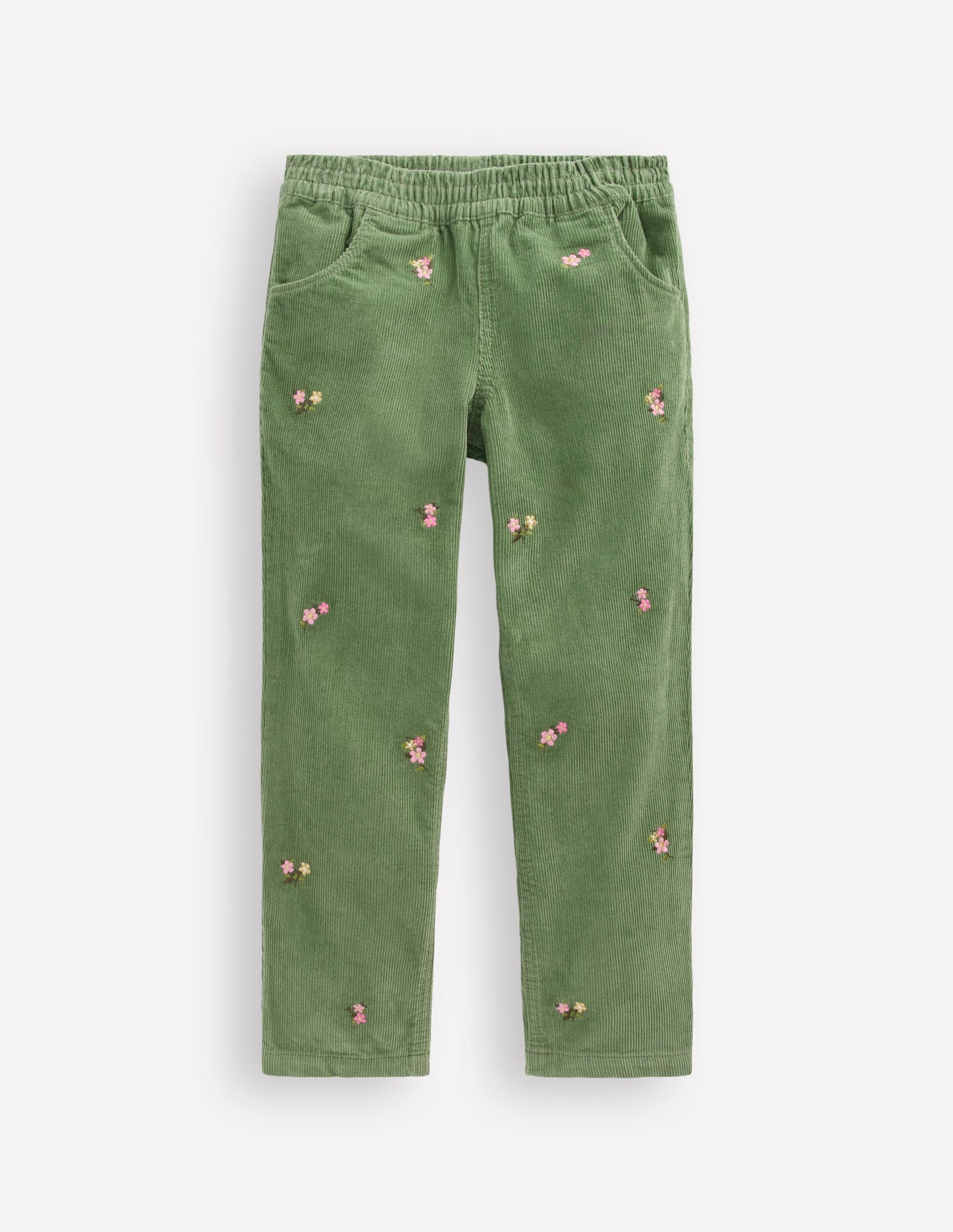 Cord Embroidered Pull-On Pants-Broccoli Green Embroidered