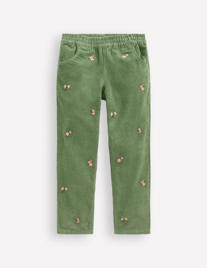 Cord Embroidered Pull-On Pants-Broccoli Green Embroidered-1