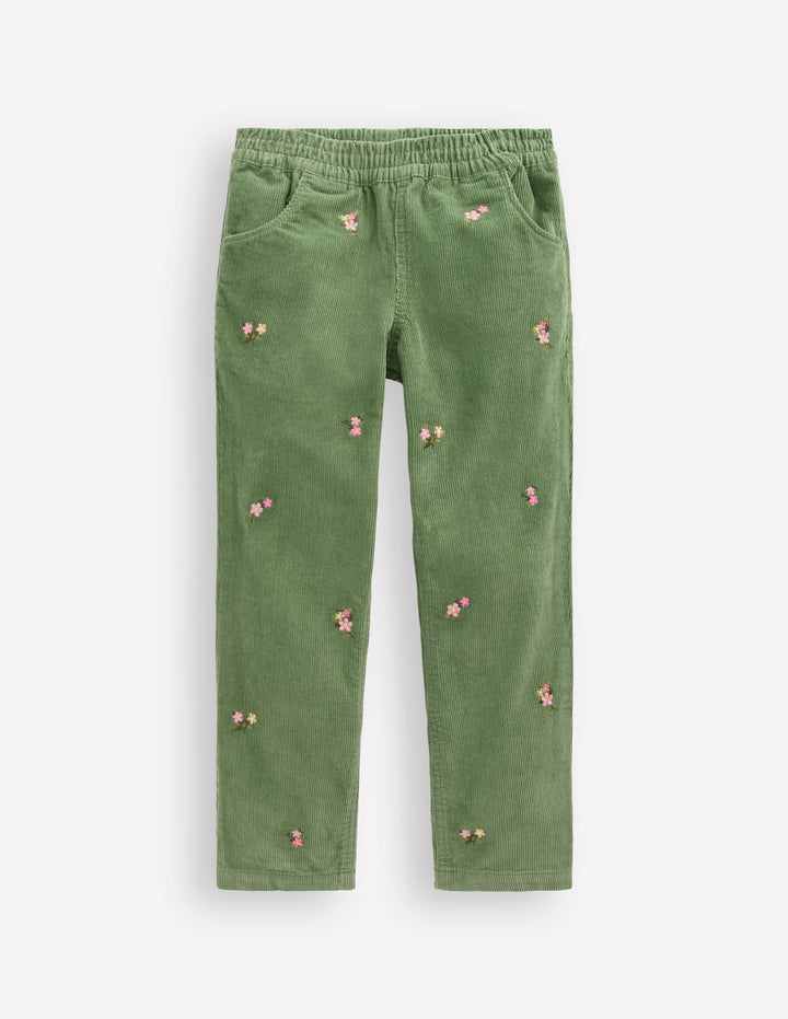 Cord Embroidered Pull-On Pants-Broccoli Green Embroidered