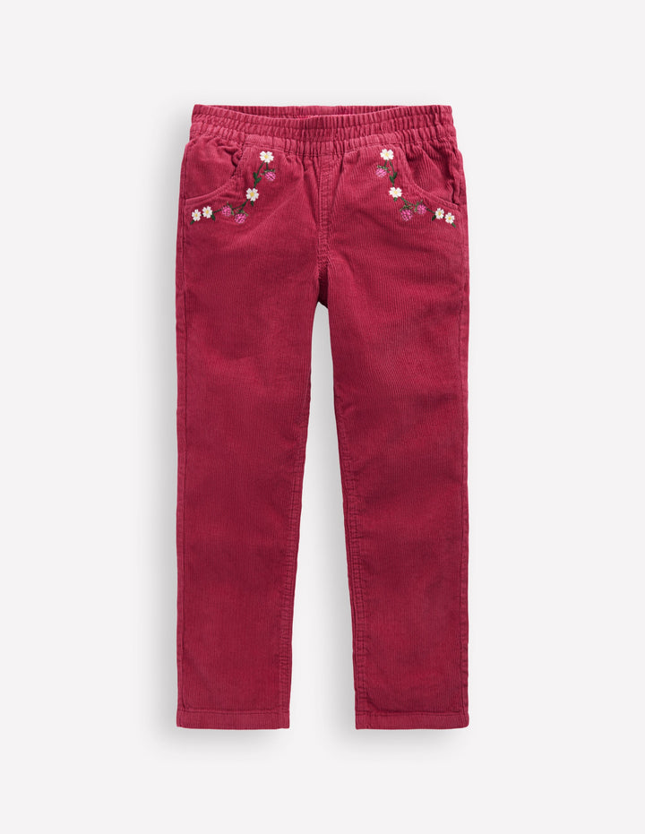 Cord Embroidered Pull-On Pants-Red Bud