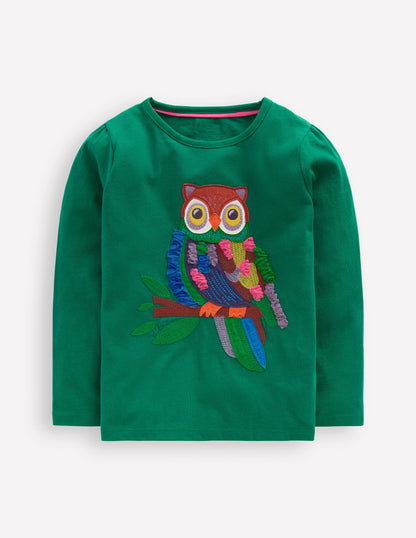 Puff Sleeve Appliqué  T-shirt-Green Owl-1