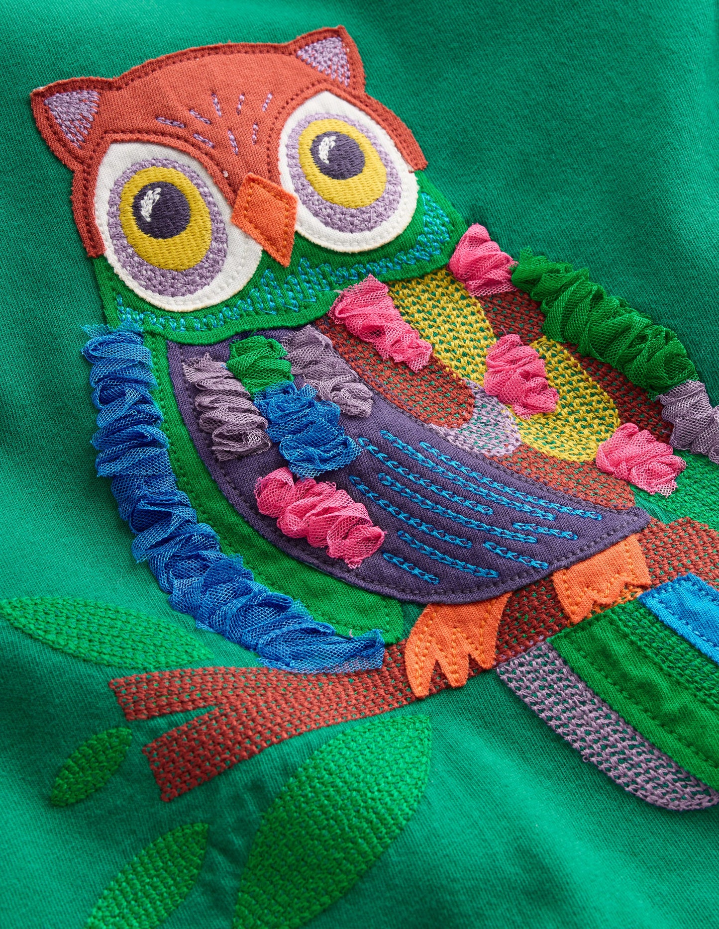 Puff Sleeve Appliqué  T-shirt-Green Owl