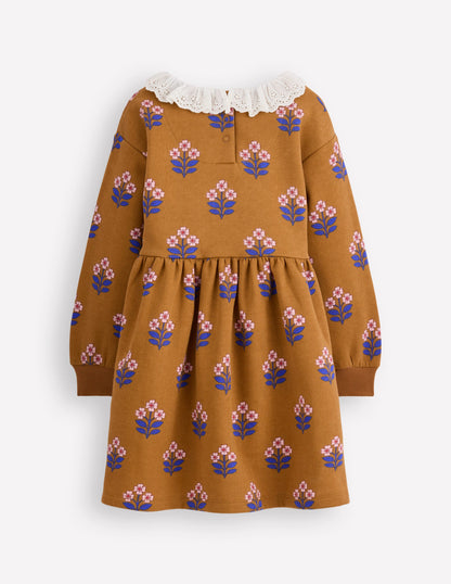 Broderie Sweatshirt Dress-Toffee Brown Flower Stamp-2