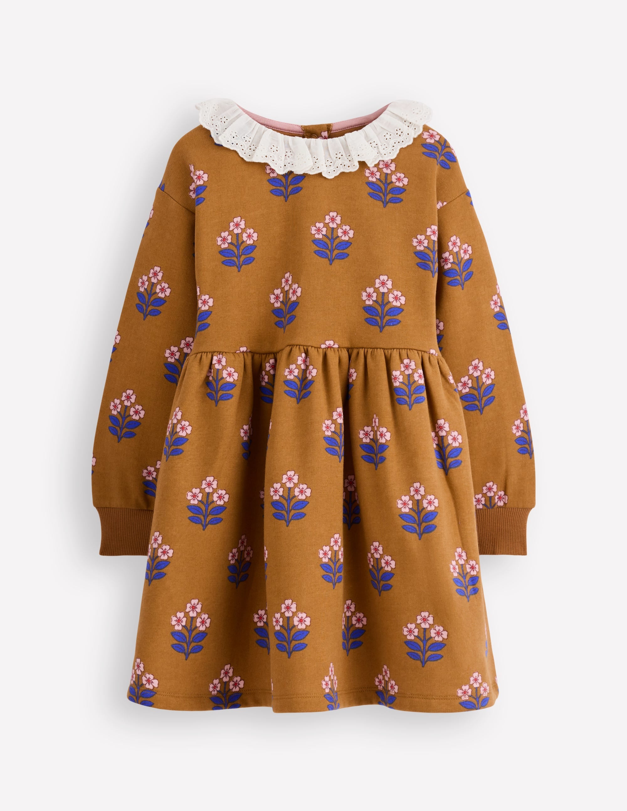 Broderie Sweatshirt Dress-Toffee Brown Flower Stamp - Image 1