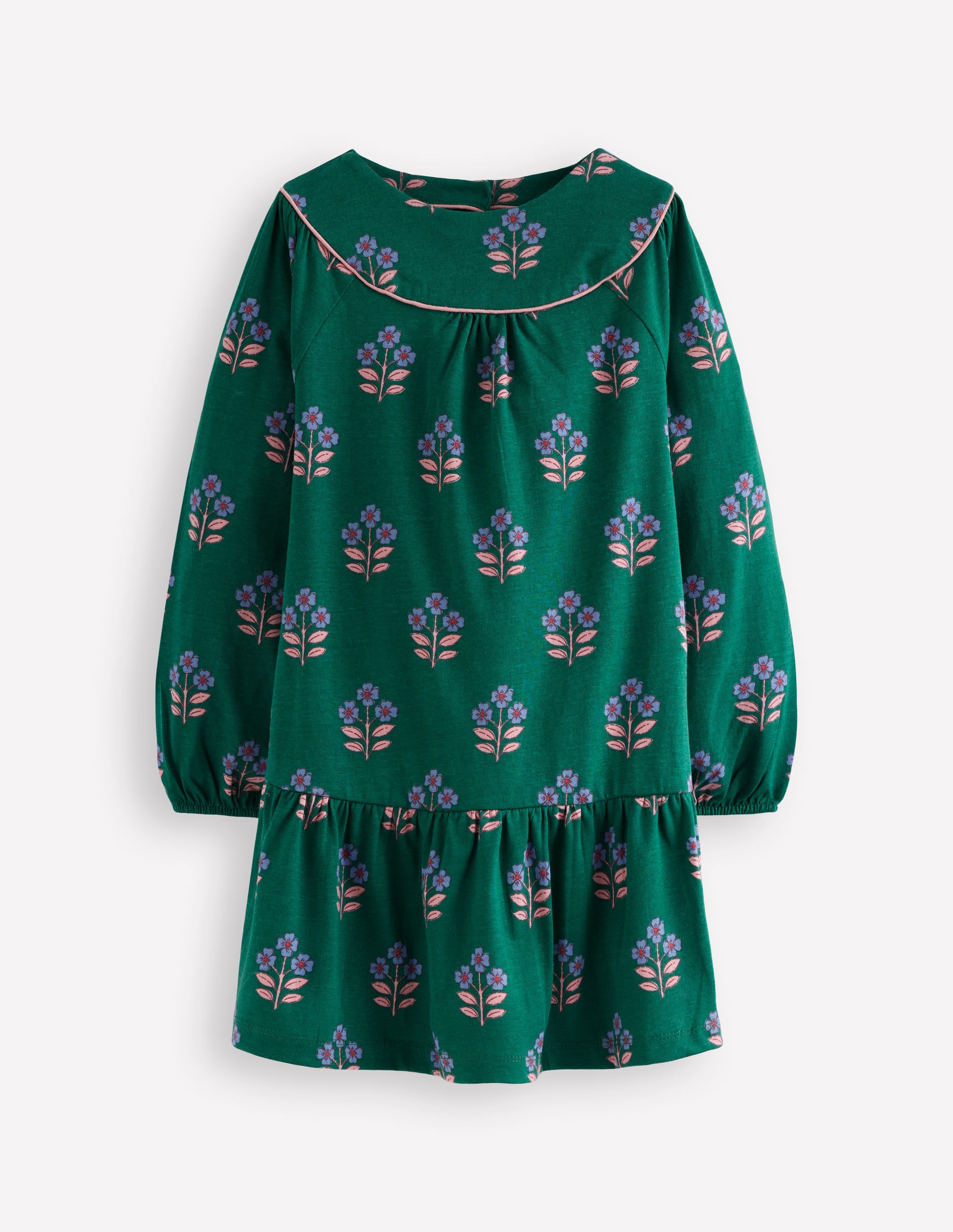 Curved Yoke Jersey Dress-Jewel Green Flower Stamp - Image 1