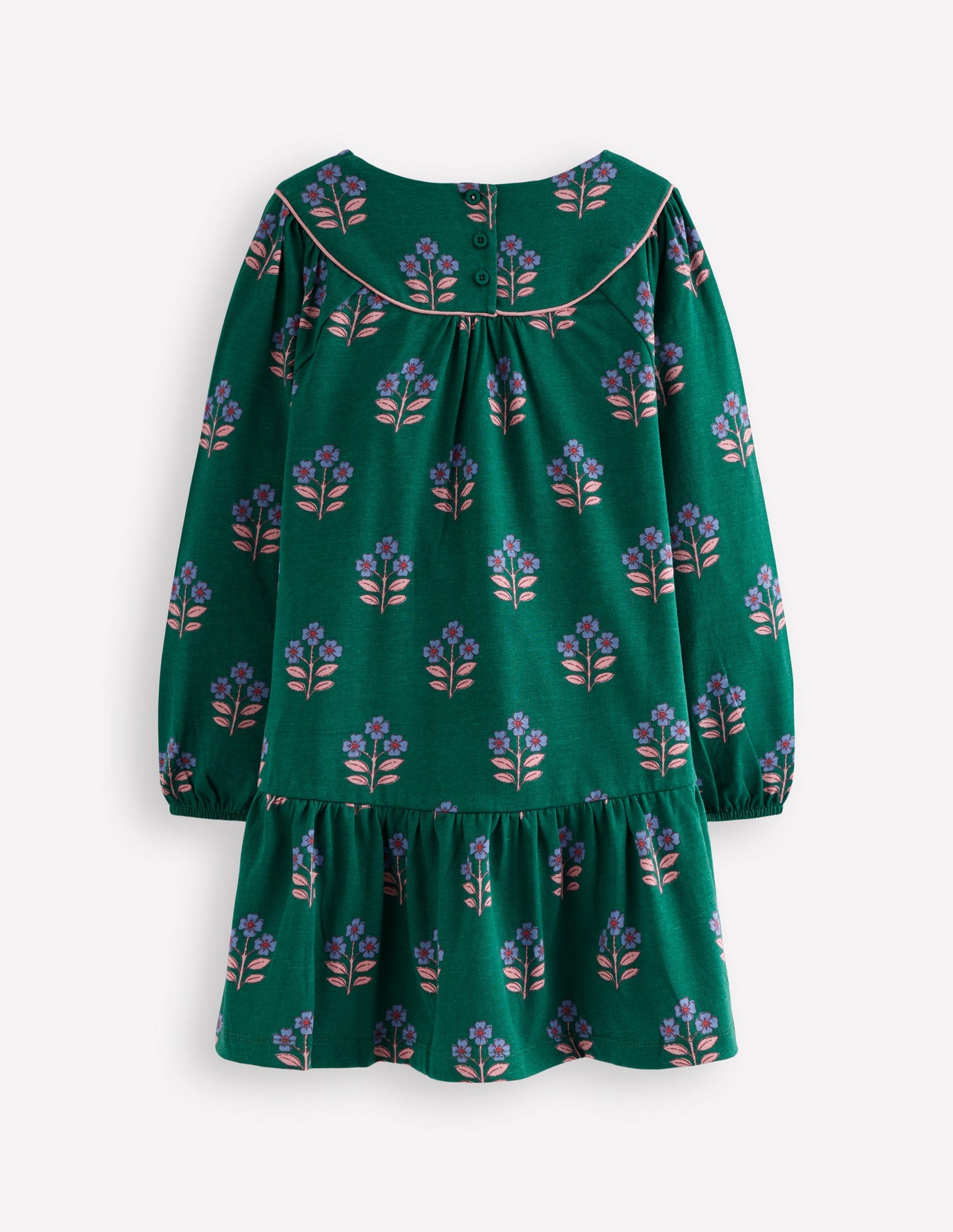 Curved Yoke Jersey Dress-Jewel Green Flower Stamp