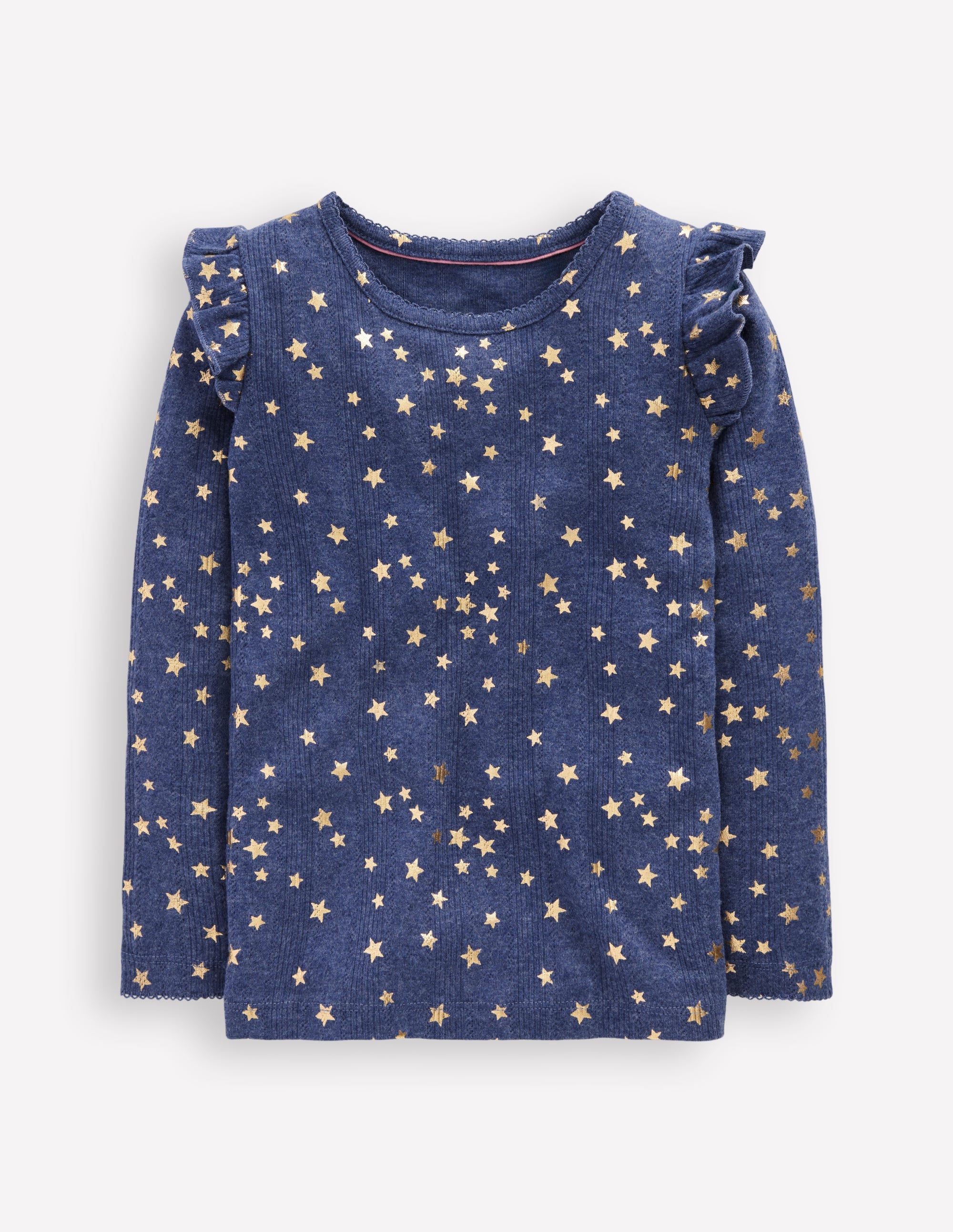 Frill Sleeve Pointelle Top-Navy - Image 1