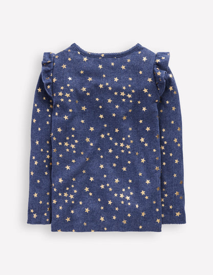 Frill Sleeve Pointelle Top-Navy-2