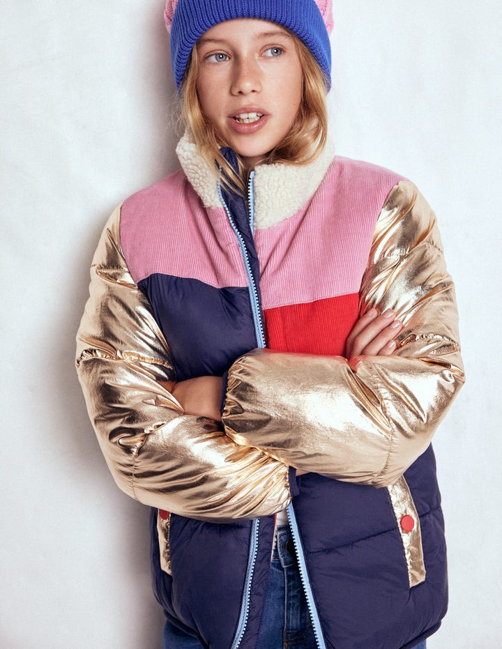 Cosy Puffer Jacket-Metallic Colourblock