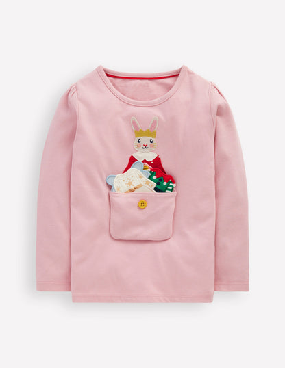 Puff Sleeve Dress Up Appliqué-Vintage Pink Christmas Bunny-1