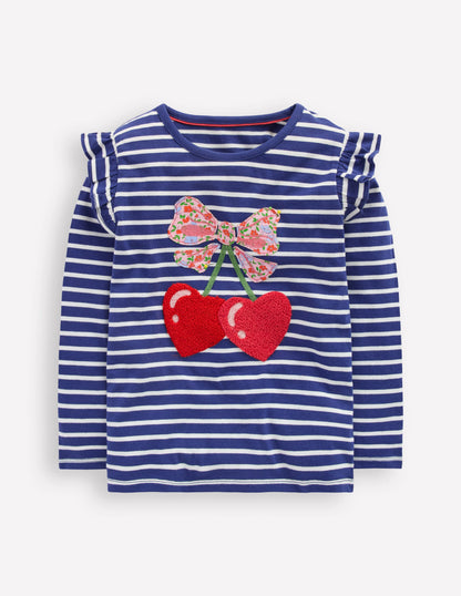 Frill Sleeve Appliqué T-shirt-Starboard Blue Cherry Hearts-1