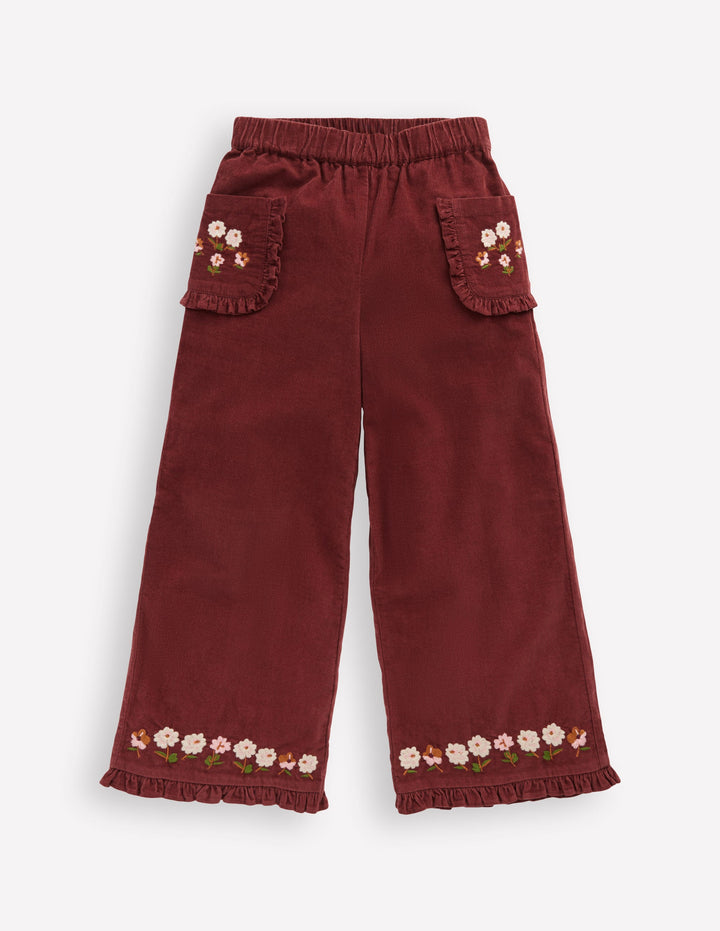 Embroidered Frill Trousers-Chestnut Embroidery