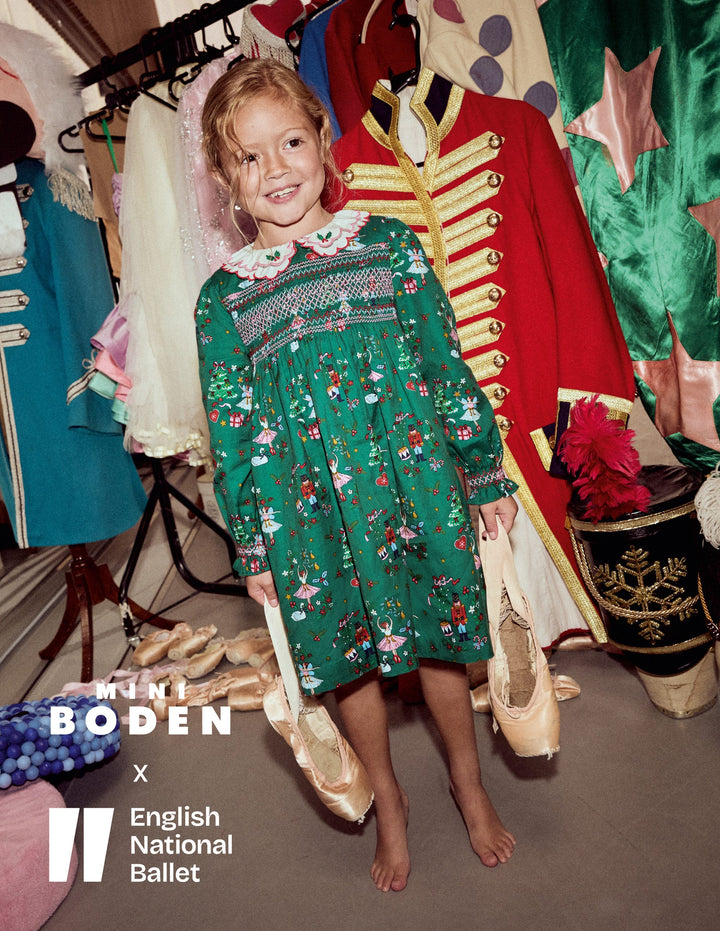 Cosy Collar Detail Smock Dress-Alpine Green Nutcracker