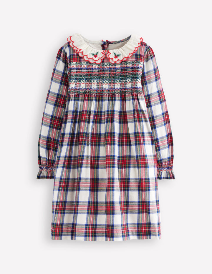 Cosy Collar Detail Smock Dress-Ivory Check