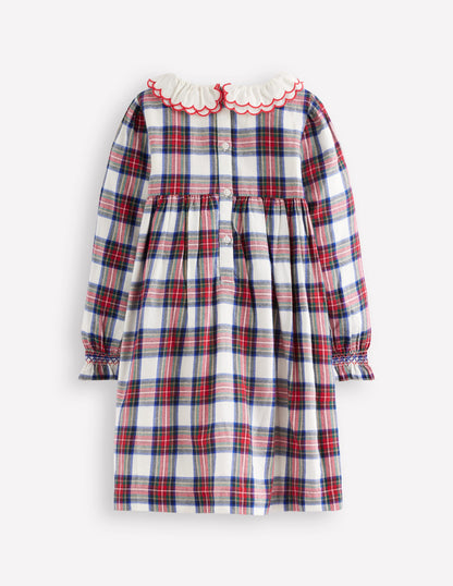 Cosy Collar Detail Smock Dress-Ivory Check-2