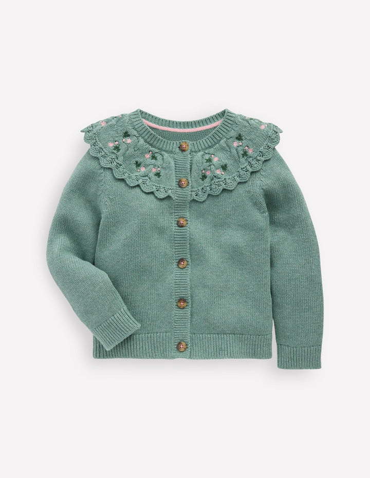 Embroidered Yoke Cardigan-Csarite Green